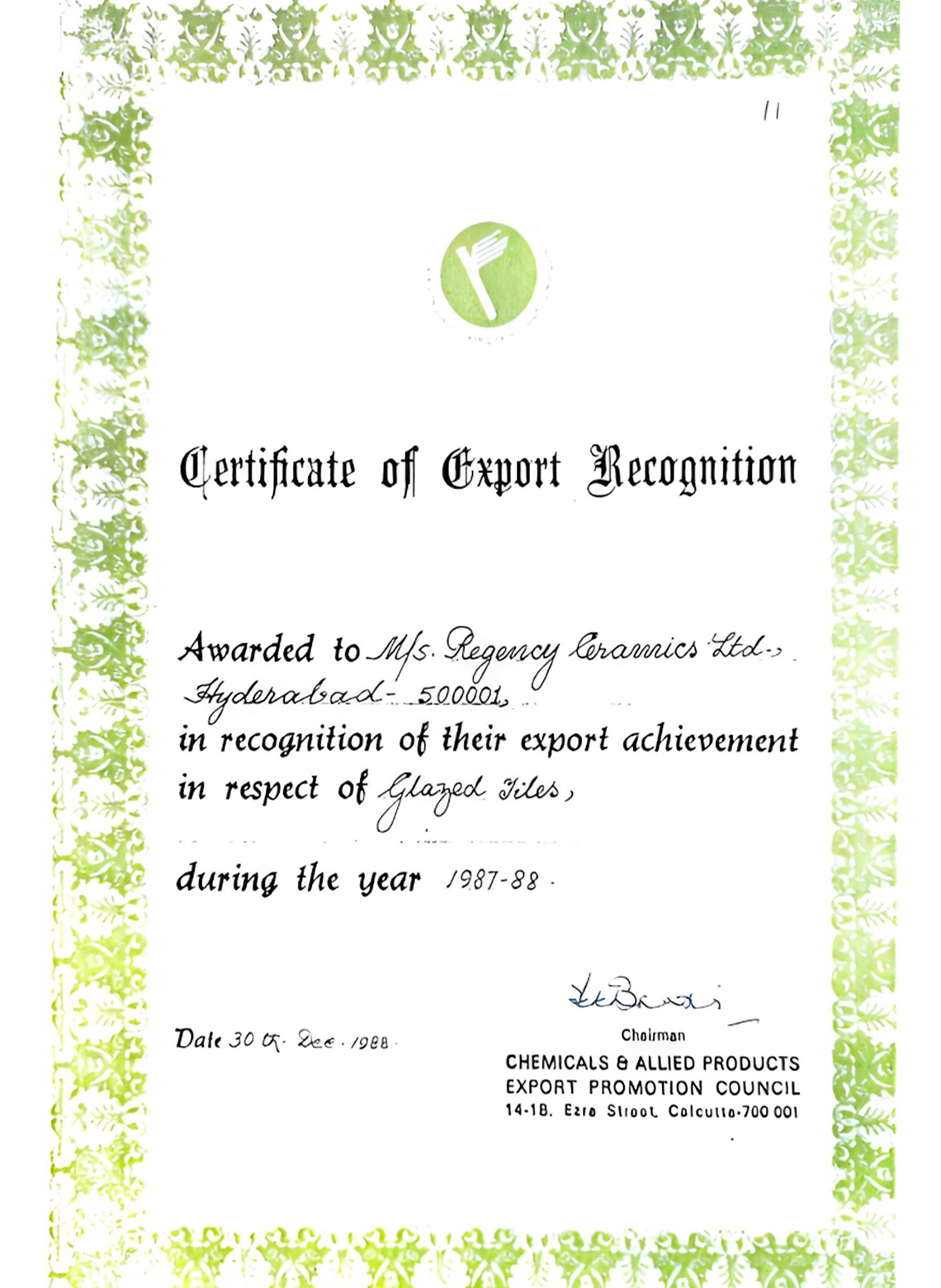 The Export Certification 1987-88 Instituted by the Chemicals and Allied Products Export Promotion Council (Capexil), Calcutta.