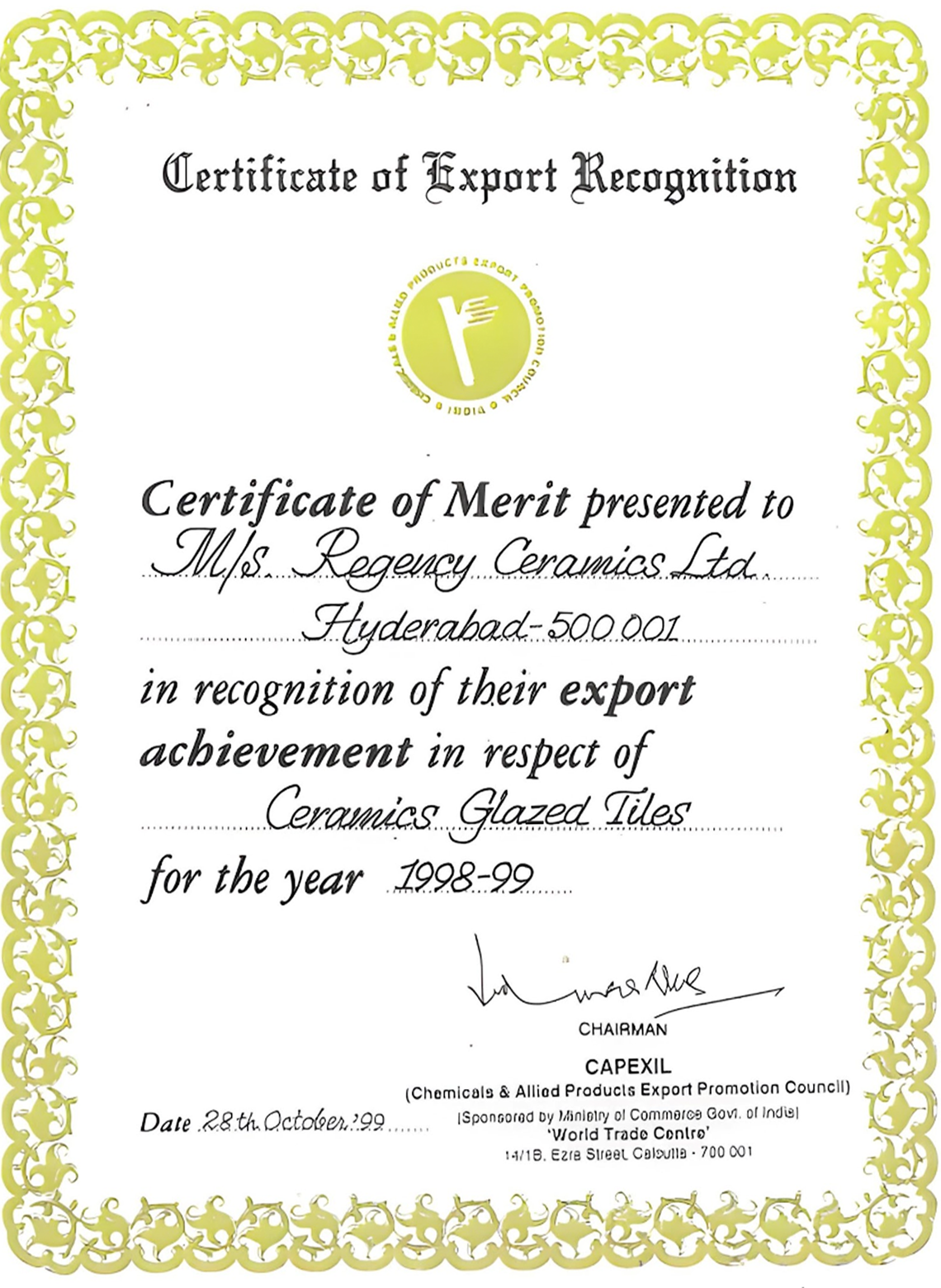 Certificate Of Merit 1998-1999 In Recognition Of Export Achievement