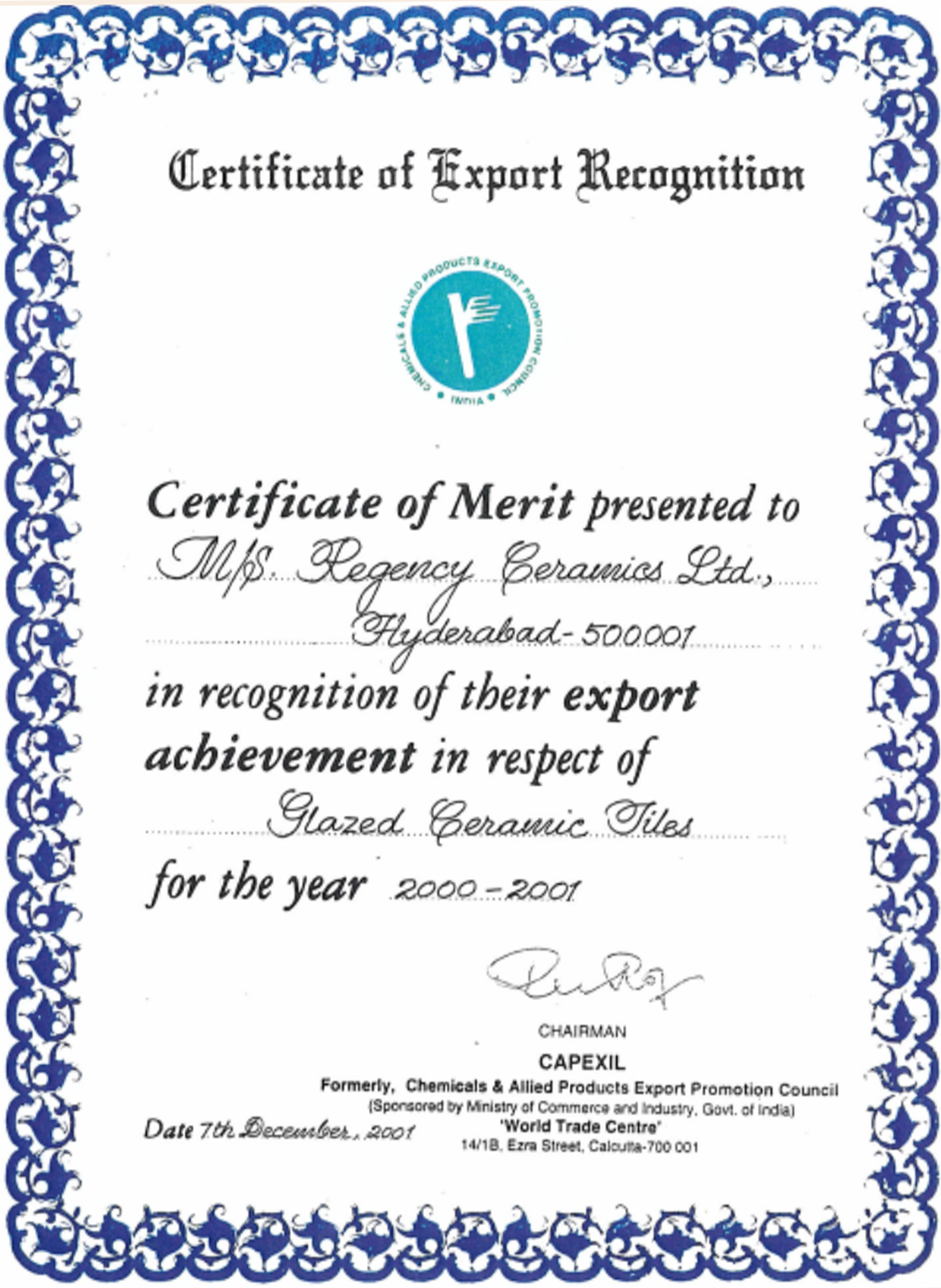 Certificate of Merit 2000-2001 in Recognition of Export Achievement