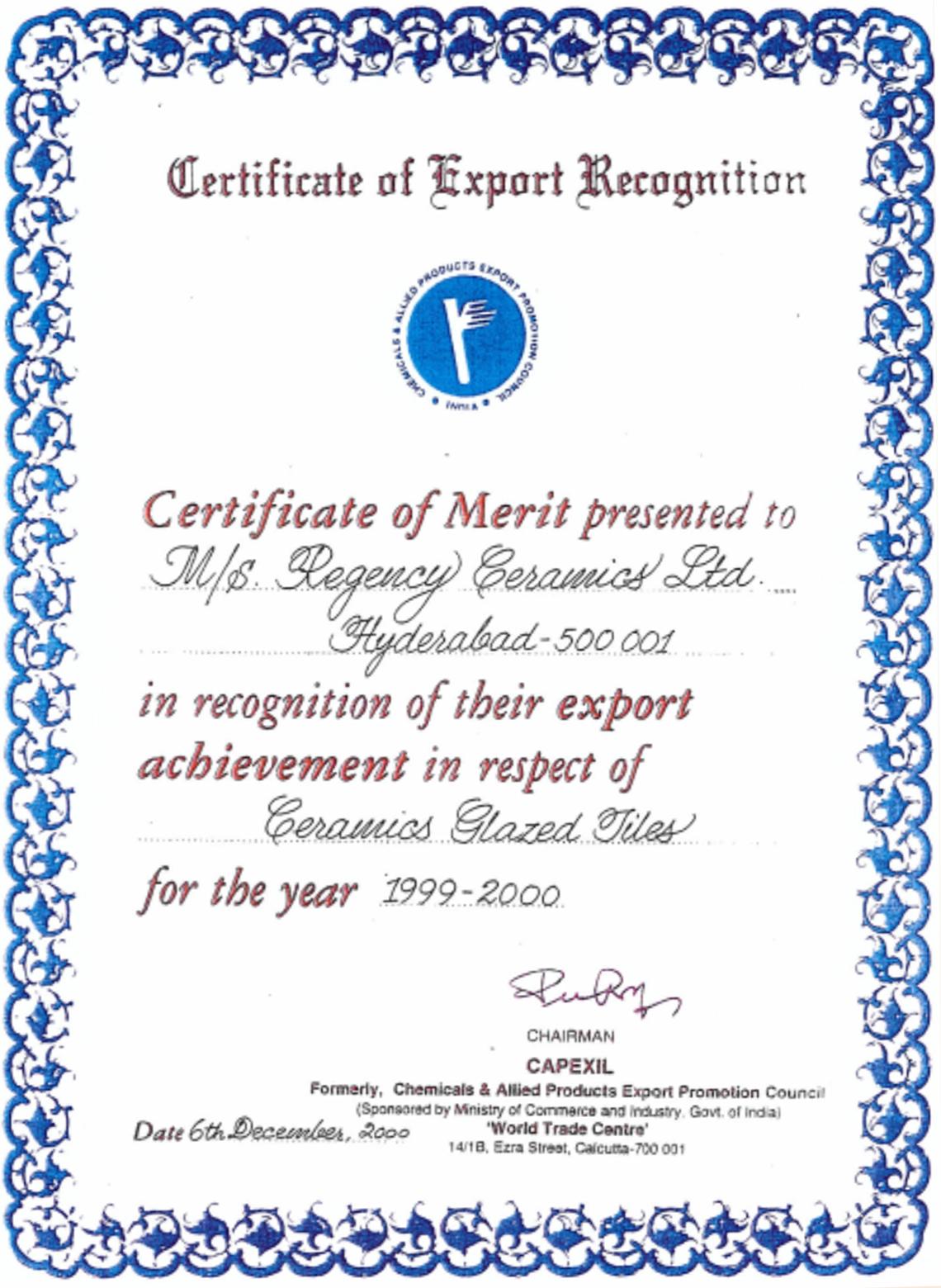 Certificate of Merit 1999-2000 in Recognition of Export Achievement